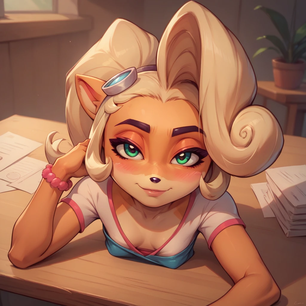 BREAK
Score_9, score_8_up, score_7_up, score_6_up, Coco Bandicoot, looking at viewer, by wamudraws, by kempferzero ,perky small breasts,cute,nip slip,blushing,beautiful,fabulous,cute expression,dynamic angle,eyes half closed,laying on table