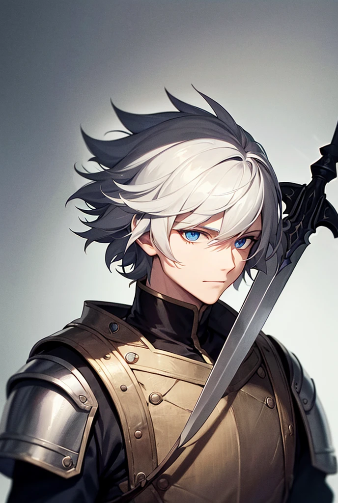 A man titled The Gray Prince. He wears a large gray cloak. His hair is beautiful and white, his eyes are blue. He wears armour and has a sword