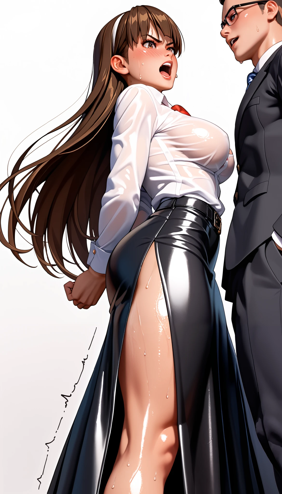 DOALeiFang, LeiFangDOA, gasp, {{{1 girl and 1 male}}}, {{{{{ Man standing between girl’s spread legs and holding girl’s butt }}}}}, shiny black leather tight long skirt with side slit, shiny white business shirt, arm-behind-back, {{ and bend your body backwards }}, OL, be breathless, sweat, sparkling sweat, trembling, long brown straight hair, brown eyes, breasts, [[angry]], blush, {anguish}, {{shameful}}, from side, from below,