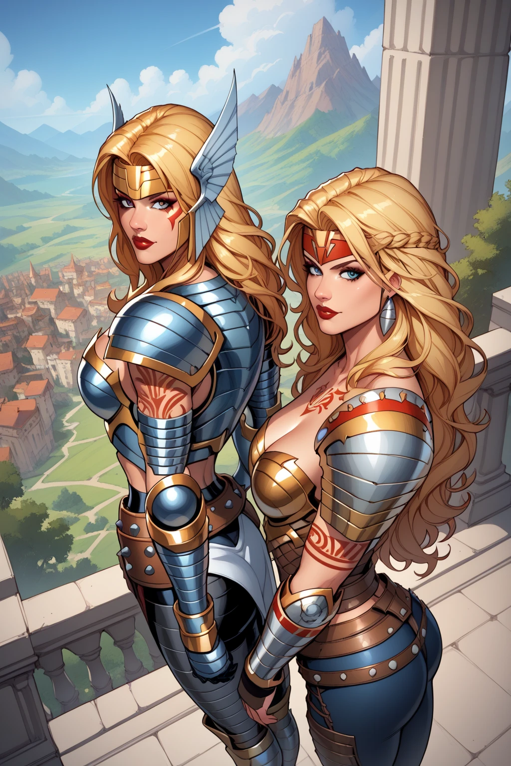 score_9,score_8_above,score_7_above BREAKAbsoluteWarGurreria with blonde hair, long hair, blonde hair, armor, tattoo, shoulder armor, breastplate, red lips, Island, paradise, big chest sexy waist blue armor, metallic pants, black pants, shoulder armor Tattoo left side tribal shoulder pad, right side tattoo, forehead protector, spiked gauntlet helmet, left arm gauntlet full HD 8K arms on waist