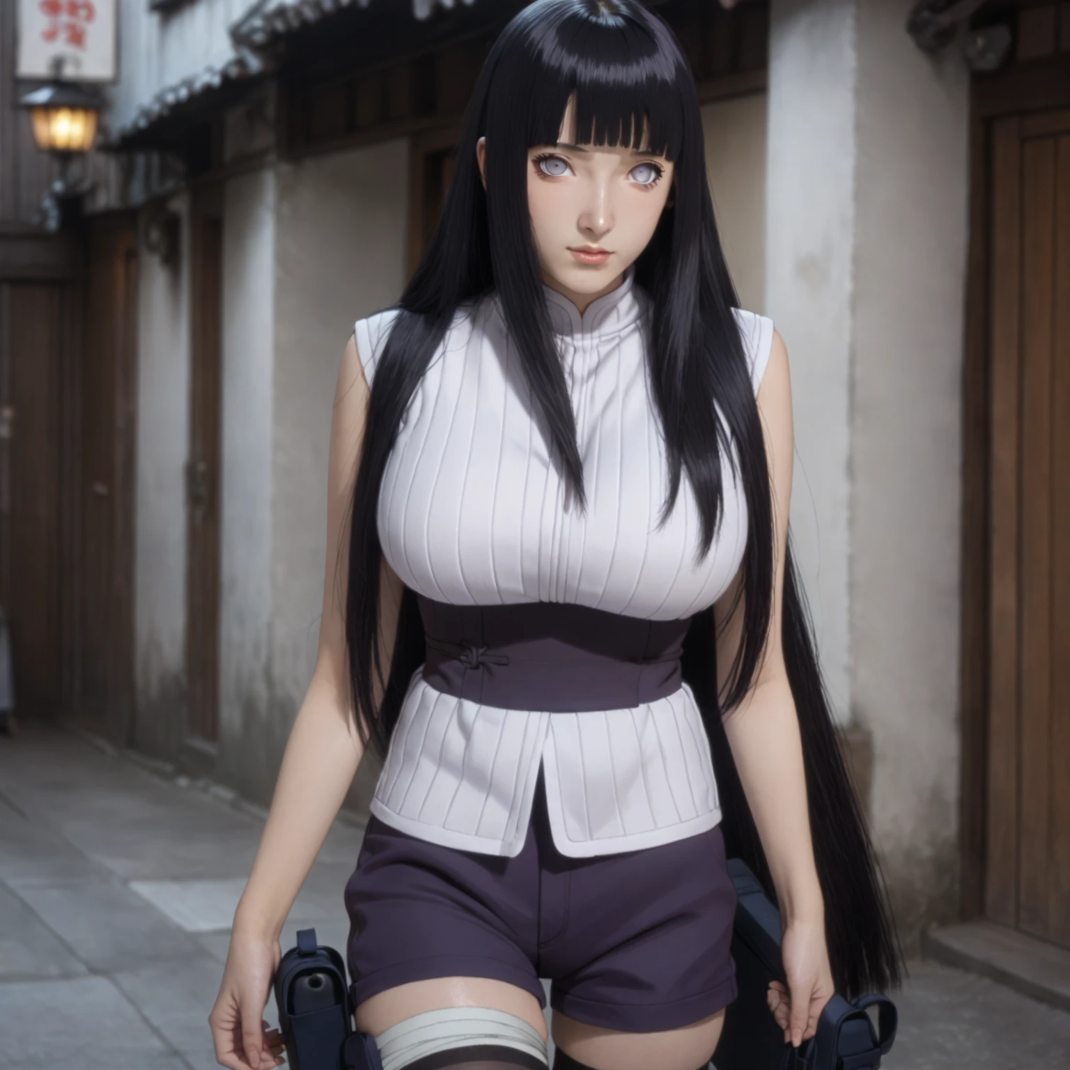 1girl, solo,
Hyuga Hinata, long hair, black hair, straight hair, shiny hair, blunt bangs, white eyes, no pupils, looking at viewer,
mature female, big breasts,
outfit_1, white shirt, ribbed shirt, sleeveless, waistband, purple shorts, bandaged leg, thigh pouch, black thighhighs