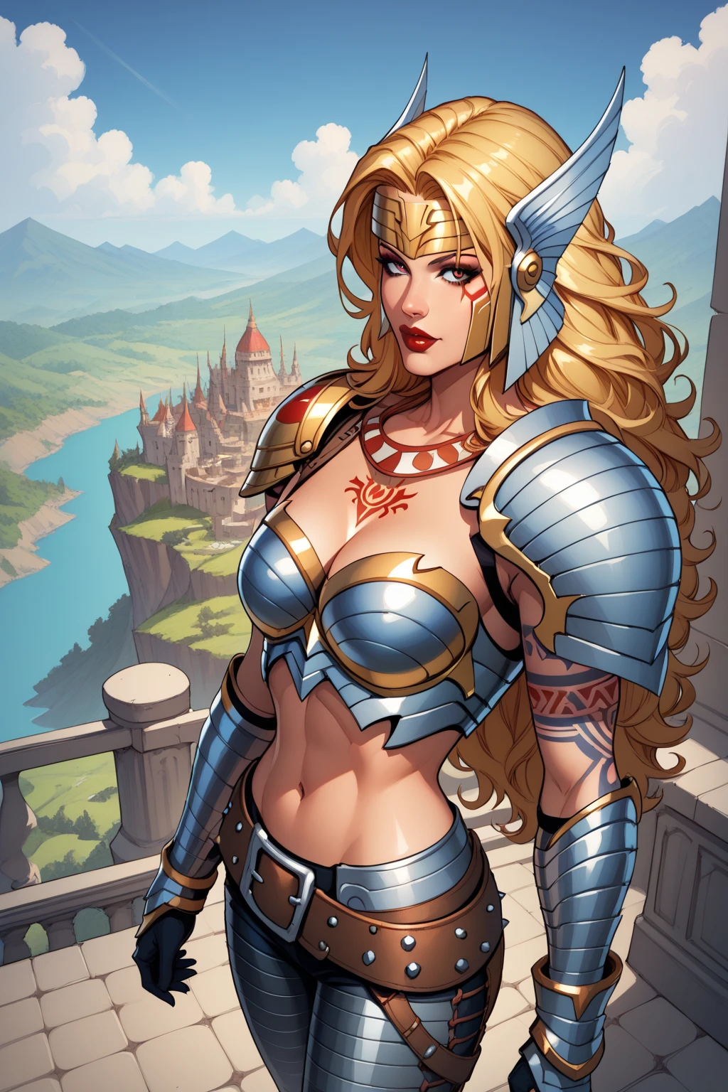 score_9,score_8_above,score_7_above BREAKAbsoluteWarGurreria with blonde hair, long hair, blonde hair, armor, tattoo, shoulder armor, breastplate, red lips, Island, paradise, big chest sexy waist blue armor, metallic pants, black pants, shoulder armor Tattoo left side tribal shoulder pad, right side tattoo, forehead protector, spiked gauntlet helmet, left arm gauntlet full HD 8K arms on waist