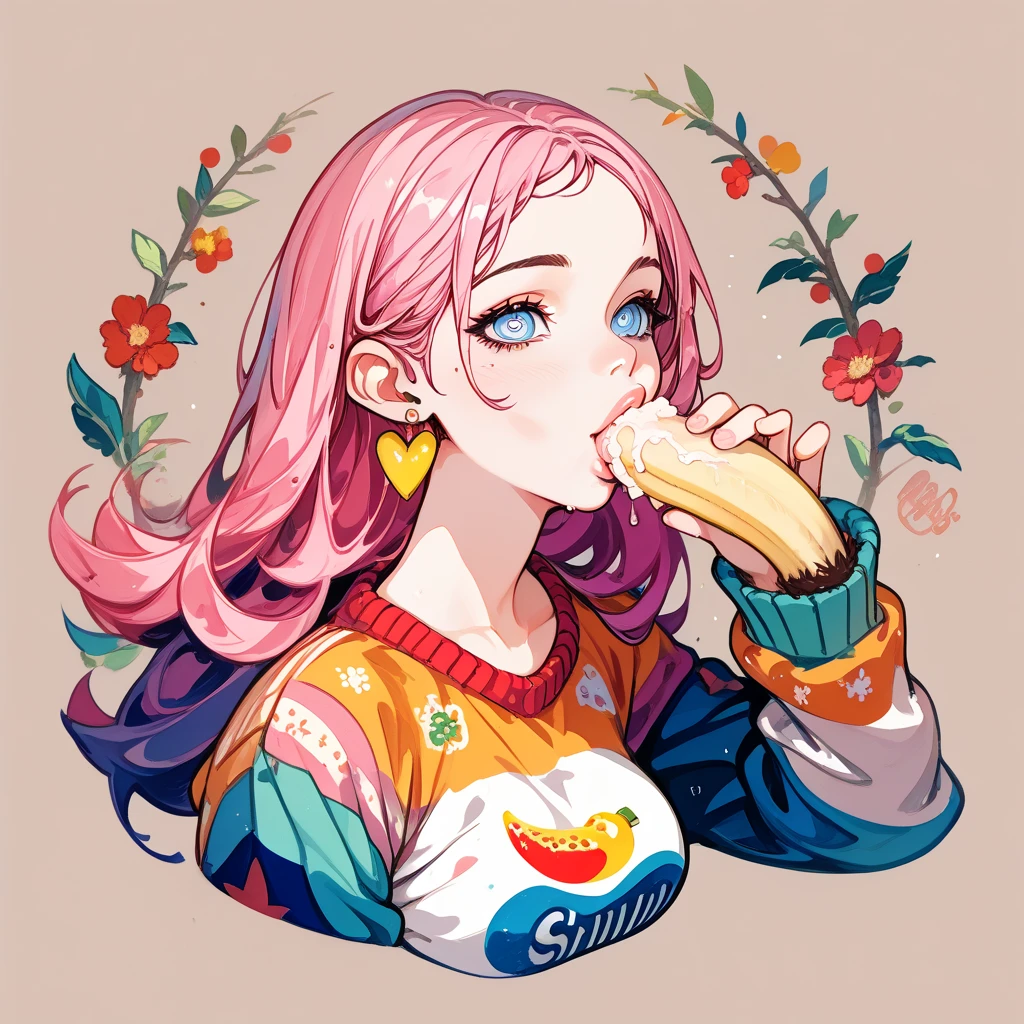 (masterpiece, best quality: 1.2),Barbie doll,，colloid， Sexy eyes，The expression of a kiss，Wet pink and white sexy lips， colloid skin，Full figure，earrings（（Watercolor pattern sweater））eating banana，full-body shot