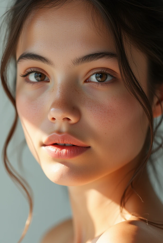 natural skin texture, fine pores, realistic skin, intricate skin details,  skin dentation, detailed eyes,detailed hair, 
 photorealistic eye, Photorealistic close-up of a young woman, parted lips, clean-shaven, and bright natural lighting.