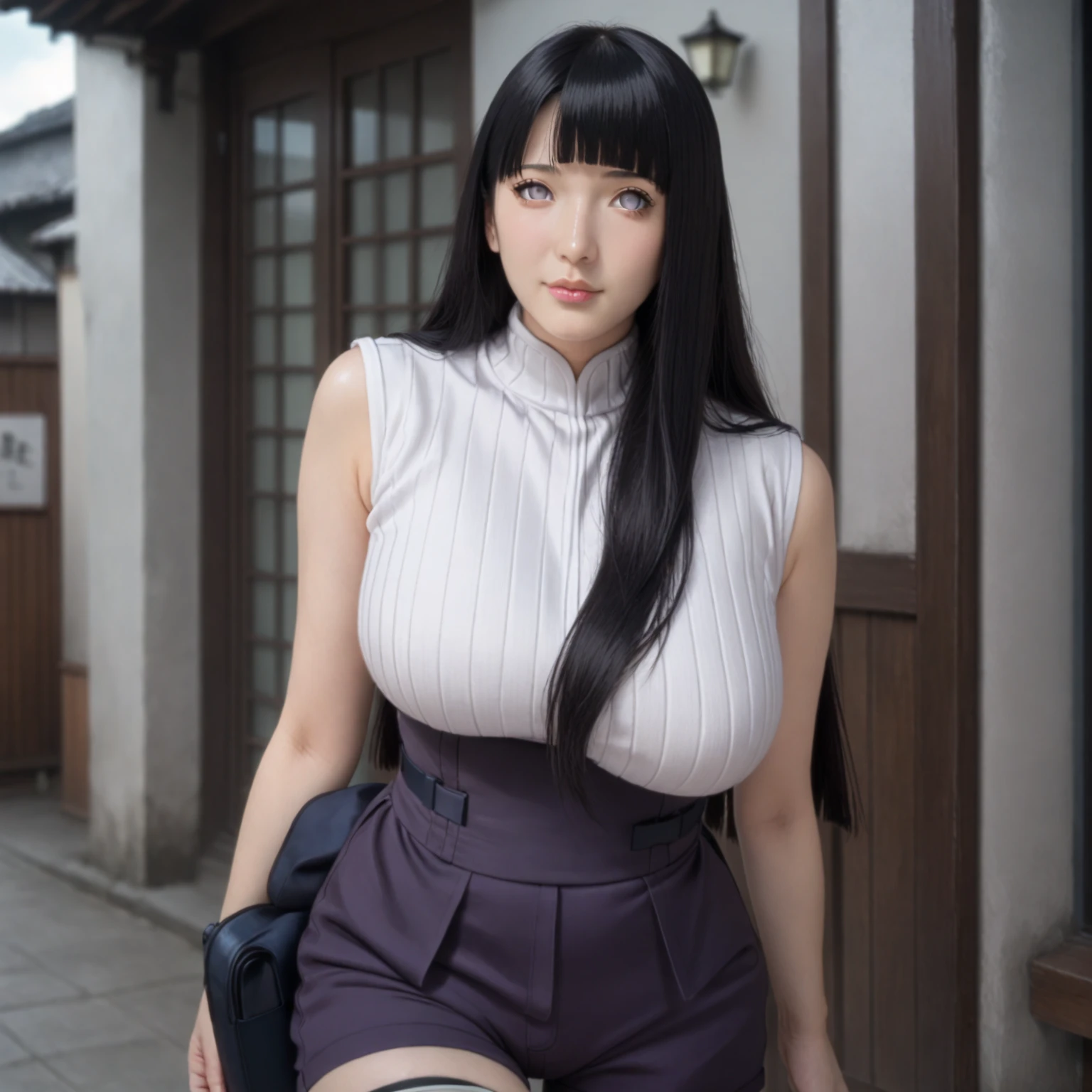 Hyuga Hinata, 1girl, solo, long hair, black hair, straight hair, shiny hair, blunt bangs, white eyes, no pupils, looking at viewer,
mature female, big breasts,
outfit_1, white shirt, ribbed shirt, sleeveless, waistband, purple shorts, bandaged leg, thigh pouch, black thighhighs