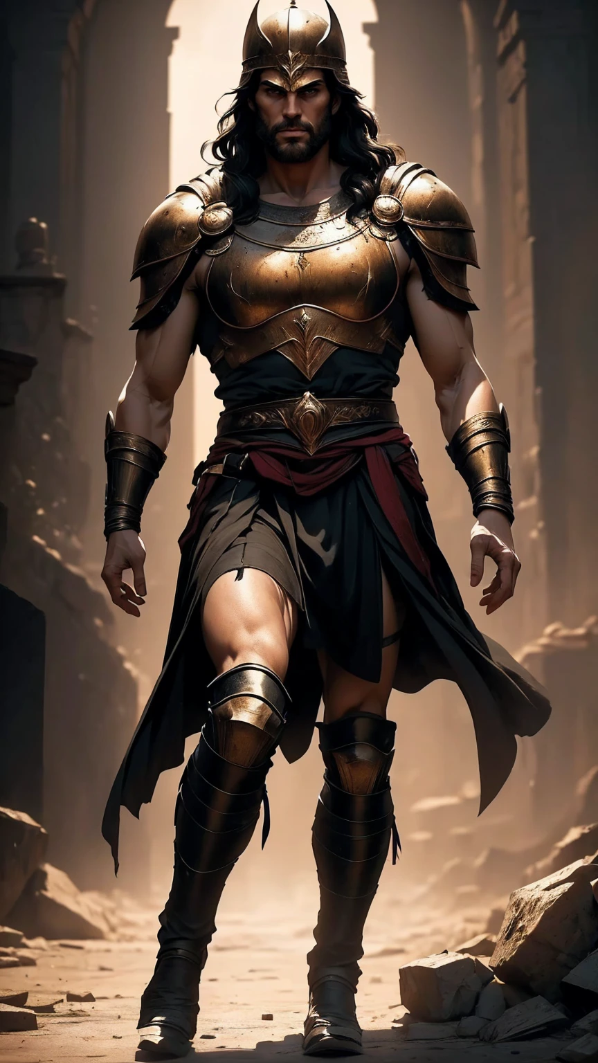 a 45 year old man, black hair, helmet ,prince of troy ,hector of troy, (best quality,4k,8k,highres,masterpiece:1.2),ultra-detailed,(realistic,photorealistic,photo-realistic:1.37),hyperrealistic,cinematic lighting,extremely detailed face and body,dramatic pose,epic scale,dramatic lighting,dark moody colors,chiaroscuro lighting,dramatic shadows, on the war, whole body, comic style, walking, in combat, show the feets