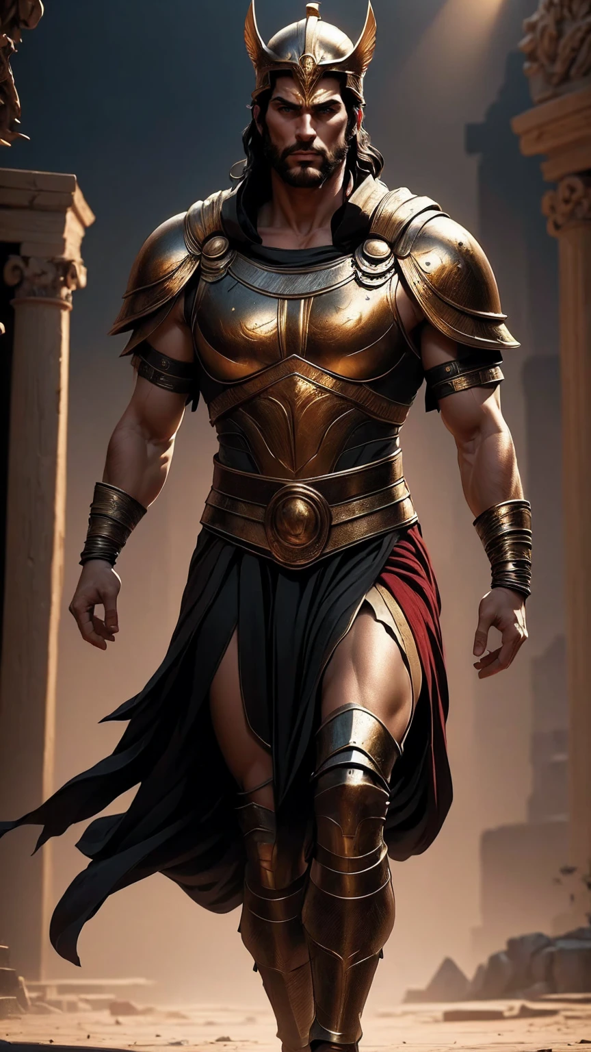 a 45 year old man, black hair, helmet ,prince of troy ,hector of troy, (best quality,4k,8k,highres,masterpiece:1.2),ultra-detailed,(realistic,photorealistic,photo-realistic:1.37),hyperrealistic,cinematic lighting,extremely detailed face and body,dramatic pose,epic scale,dramatic lighting,dark moody colors,chiaroscuro lighting,dramatic shadows, on the war, whole body, comic style, walking, in combat, show the feets