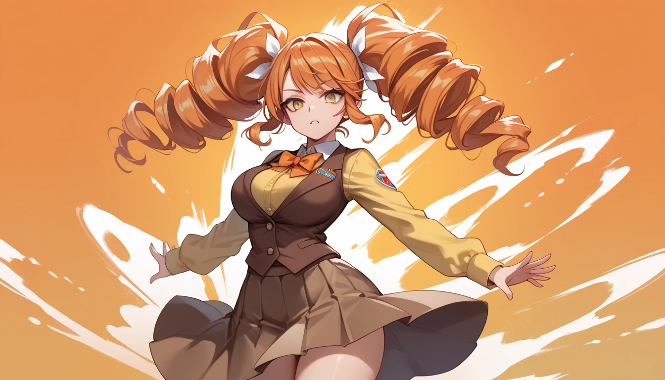 score_9_up, score_8_up, score_7_up, 1girl, solo, source_anime, mega twin drills, big hair BREAK 

Orange hair, yellow eyes, large breasts, hips BREAK 

Yellow shirt, long sleeves, orange bowtie BREAK brown vest, brown skirt BREAK 

Standing, looking at viewer, emotionless face, abstract background, gradient background, orange background, tornado, wind 