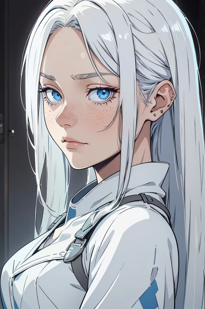 High-quality image of a young woman with fair skin, straight white hair that flows smoothly down her back, and piercing light blue eyes that exude an air of mystery. Her face is lightly sprinkled with freckles, contrasting subtly with her pale complexion. She has a somber and brooding expression, adding a touch of melancholy to her appearance. The overall aesthetic is detailed and atmospheric, emphasizing her distinctive features. The image is safe for work and showcases her unique beauty in a polished and refined style. 