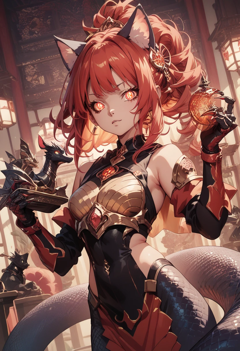 Lamia-style girl. Black snake body. Light armor. Spiky. Red glowing lines. Sharp claws. Glowing eyes. Cat pupils. Japanese-style architecture.