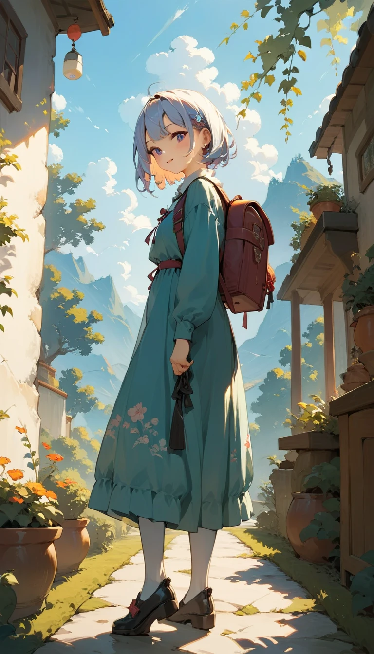  backpacker traveling to another world、 ethnic costumes、 equipped with a tunic 、 Long Sleeve 、3/4 length pants、Comfortable leather shoes 、Shortsword with sword 、 backpack with luggage、 Fantastic Scenery 、Pale colors、Beautiful landscape painting 