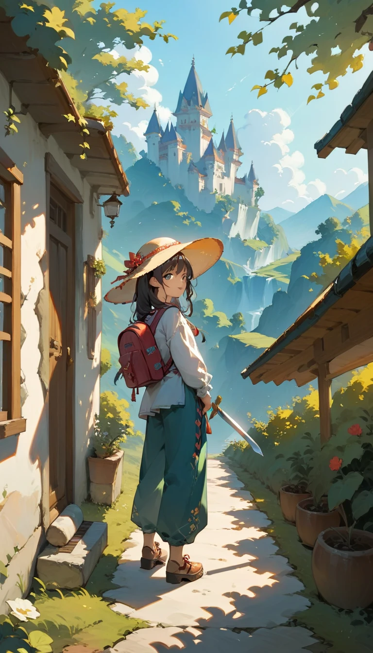  backpacker traveling to another world、 ethnic costumes、 equipped with a tunic 、 Long Sleeve 、3/4 length pants、Comfortable leather shoes 、Shortsword with sword 、 backpack with luggage、 Fantastic Scenery 、Pale colors、Beautiful landscape painting 