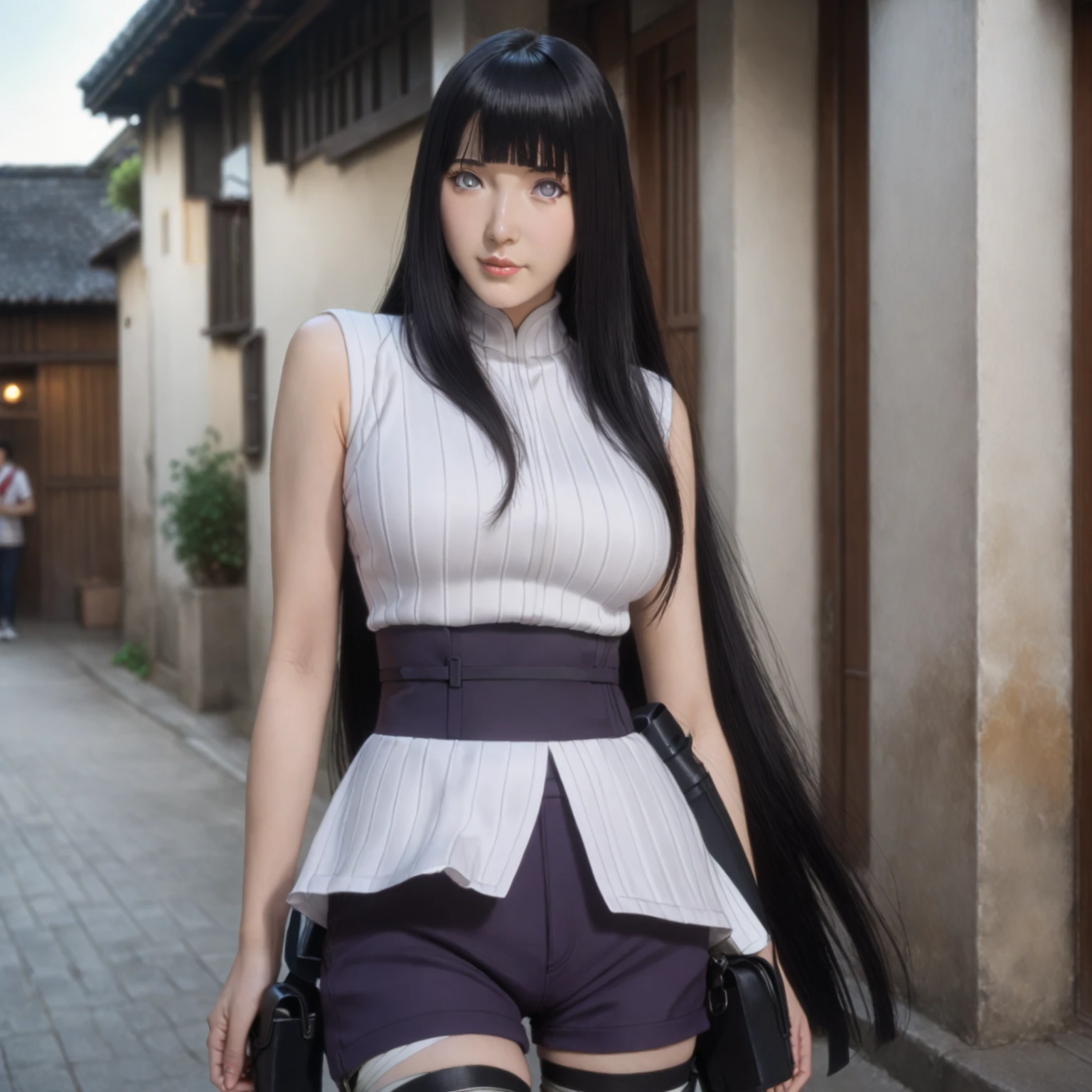 Hyuga Hinata, 1girl, solo, long hair, black hair, straight hair, shiny hair, blunt bangs, white eyes, no pupils, looking at viewer,
mature female, medium breasts,
outfit_1, white shirt, ribbed shirt, sleeveless, waistband, purple shorts, bandaged leg, thigh pouch, black thighhighs