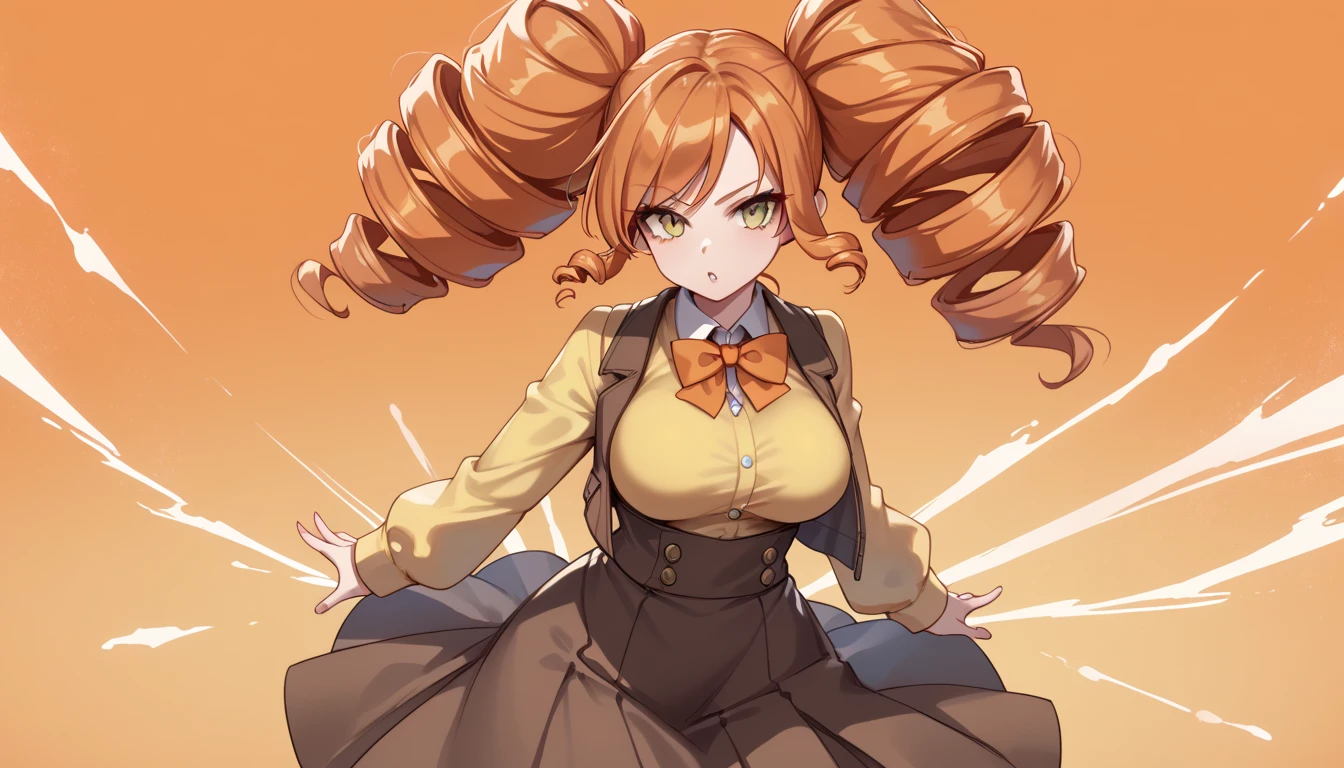 score_9_up, score_8_up, score_7_up, 1girl, solo, source_anime, mega twin drills, big hair BREAK 

Orange hair, yellow eyes, large breasts, hips BREAK 

Yellow shirt, long sleeves, orange bowtie BREAK brown vest, brown skirt BREAK 

Standing, looking at viewer, emotionless face, abstract background, gradient background, orange background, tornado, wind 