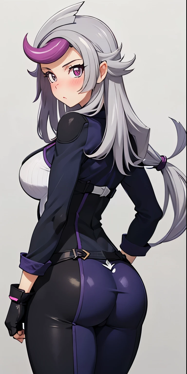 1 Female,High definition,high resolution,Ultra-realistic,8K,‌1girl, (emma_bessho:1.2), (grey hair:1.2), (purple hair:1.2), pink eyes, low-tied long hair, (large breasts:1.2), (wide hips:1.2), (purple bodysuit:1.2), (long sleeves:1.2), pants, (black gloves, fingerless gloves:1.2), (standing, cowboy_shot:1.2), hand on hip,European,sexy,Photographed from the front,Dynamic Angles,blush, small tits, cute face, facial, sweat, perfect face, perfect body,(wide thighs:1.3),cute face ,cameltoe, standing ,(from behind),(huge ass),(show ass)