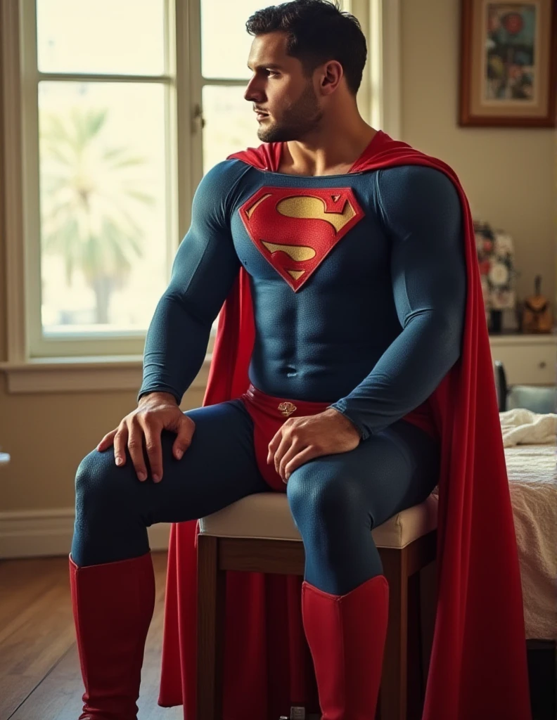 Superman is sitting bed in a sunny room, he is peeing a white urine resembling yogurt.a buff man in a superman costume (think movie version of Superman-black undercut, blue tights and red cape and red boots and red briefs)