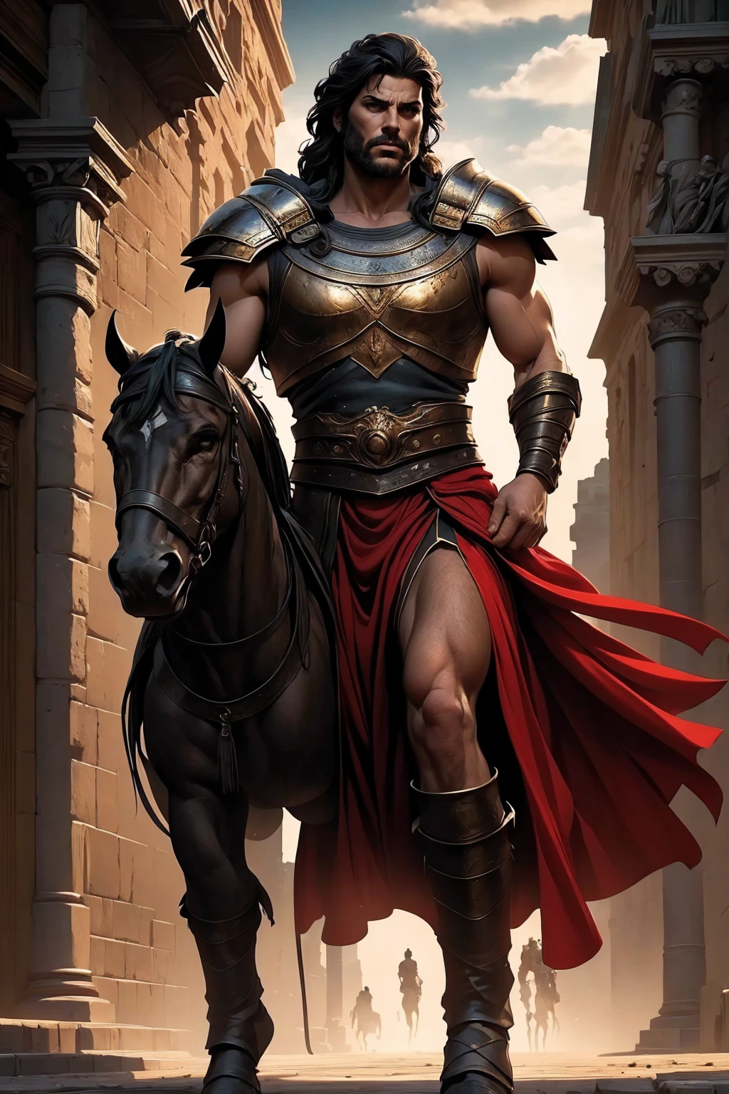 a 45 year old man, black hair, helmet ,prince of troy ,hector of troy, (best quality,4k,8k,highres,masterpiece:1.2),ultra-detailed,(realistic,photorealistic,photo-realistic:1.37),hyperrealistic,cinematic lighting,extremely detailed face and body,dramatic pose,epic scale,dramatic lighting,dark moody colors,chiaroscuro lighting,dramatic shadows, on the war, whole body, comic style, walking, in combat, show the feets