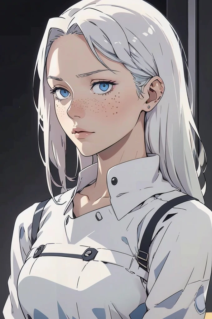 High-quality image of a young woman with fair skin, straight white hair that flows smoothly down her back, and piercing light blue eyes that exude an air of mystery. Her face is lightly sprinkled with freckles, contrasting subtly with her pale complexion. She has a somber and brooding expression, adding a touch of melancholy to her appearance. The overall aesthetic is detailed and atmospheric, emphasizing her distinctive features. The image is safe for work and showcases her unique beauty in a polished and refined style. 