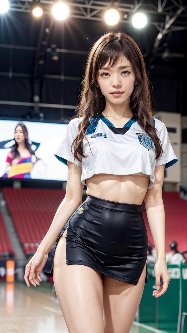 Highly detailed and intricate high resolution rendering, 32k fine art photography, (Photorealistic: 1.3), soft light nature photography, award winning, masterpiece, sharp focus, studio shot, intricate detail, amazing detail , 1girl, (exact anatomy: 1.5), 19 years old, tall ponytail, bangs, breakdance dancer, (bright smile), beautiful face, detailed and perfect face, perfect proportions, huge breasts, thin waist, navel, crotch gap, thighs, dynamic pose, (off-shoulder T-shirt: 1.5), baggy jeans, walking shoes, breakdancing, (acrobatic pose: 1.2), (dynamic angle: 1.5), (dance stage) ), (Colorful color lighting), (Fluorescent beam lighting), Beautiful alignment of teeth, Beautiful teeth,