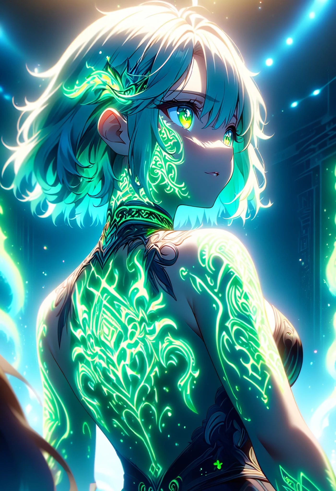 Anime screenshots、Artistic anime illustration of a girl adorned with thick, glowing neon dragon tattoos on her body and face。The tattoo on his back is a mix of green and white.、Neon glow、The scene has a dreamy, soft-focus effect that accentuates the brilliance of the tattoo.