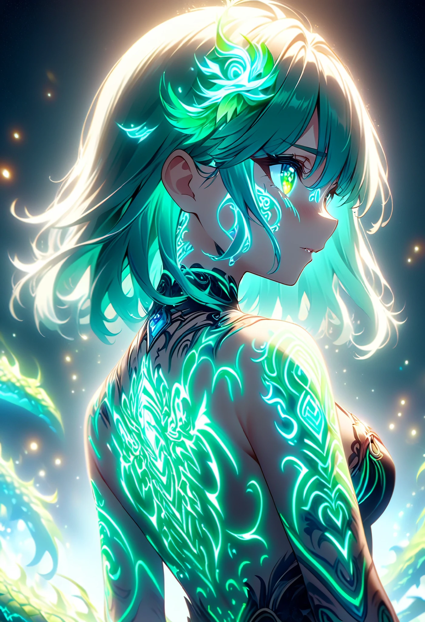 Anime screenshots、Artistic anime illustration of a girl adorned with thick, glowing neon dragon tattoos on her body and face。The tattoo on his back is a mix of green and white.、Neon glow、The scene has a dreamy, soft-focus effect that accentuates the brilliance of the tattoo.