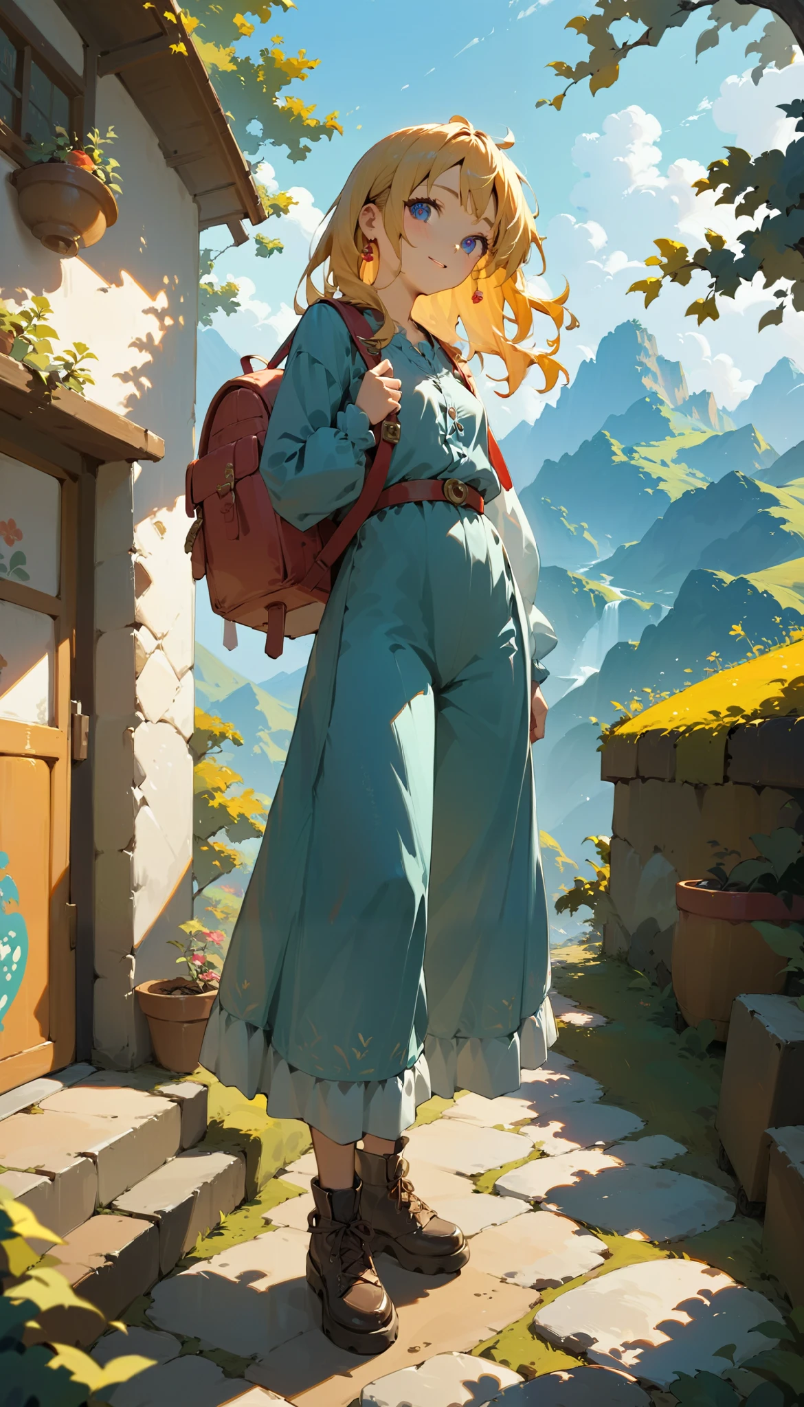  backpacker traveling to another world、 ethnic costumes、 equipped with a tunic 、 Long Sleeve 、3/4 length pants、Comfortable leather shoes 、Shortsword with sword 、 backpack with luggage、 Fantastic Scenery 、Pale colors、Beautiful landscape painting 