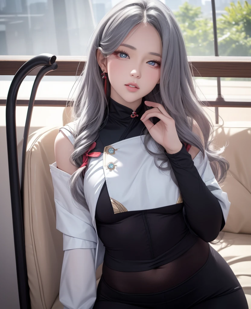 blush a little and smile, (Top quality masterpiece:1.2) Delicate illustrations, Very detailed, /Beautiful Japanese Women、1 person,Very cute and slim、Great style 、((8K images、super high quality))、Very delicate face, Skin and Hair、beautifule forehead、Red lipstick、(((((Mid-length hair、Silver Hair、lure))))),Very cute Japanese cut face、Eyes and nose are clearly visible、Kind eyes,((((Sleeveless fashion))))