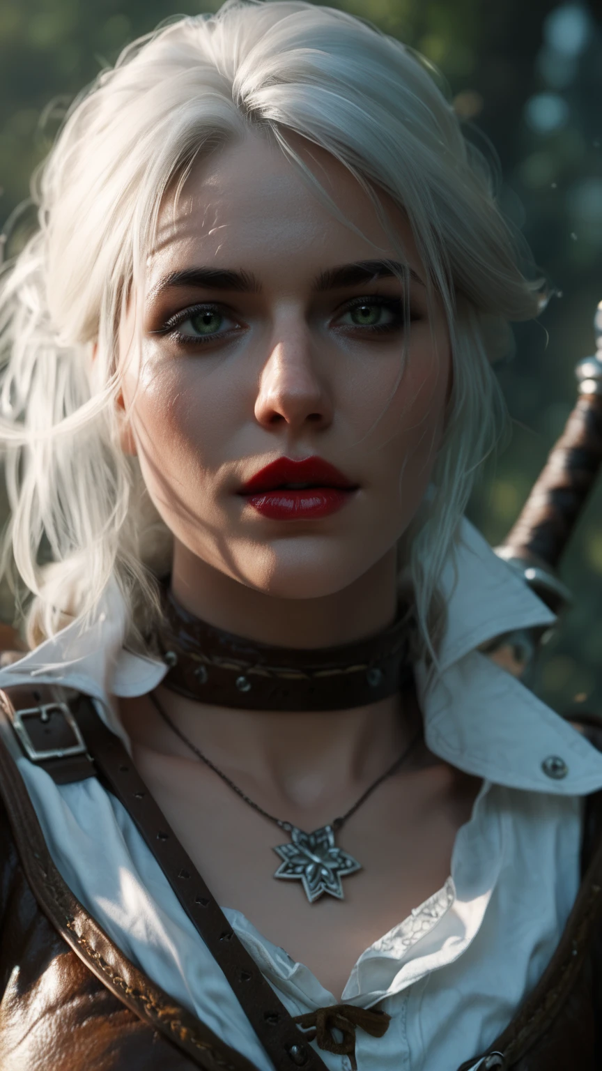 Ciri, white hair, (best quality, Ultra-detailed), (realistic:1.37), beautiful and detailed face, Ultra-realistic texture, Delicate face, Red lipstick, long-lasting colors. high definition, 8k.