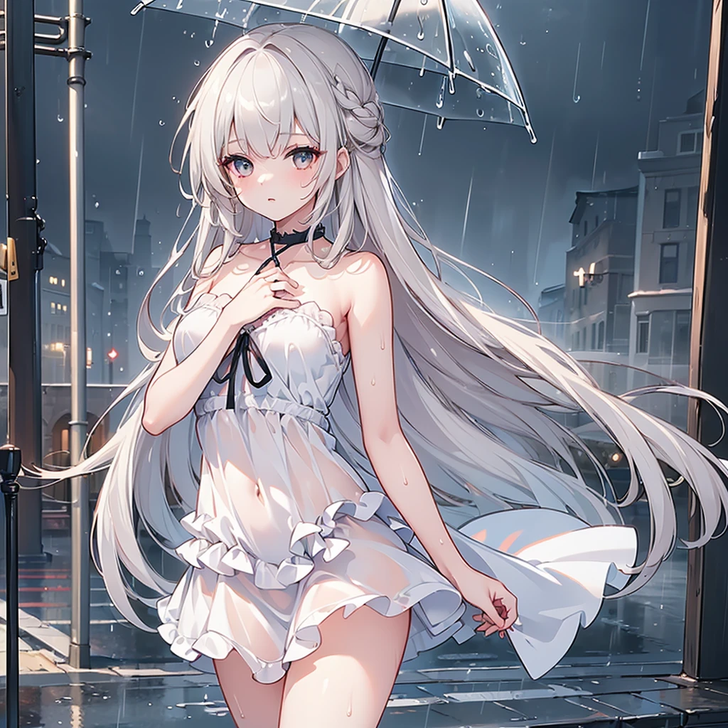 ((Highest quality)), ((masterpiece)), ((detailed)), 1ghost girl, 独奏, pale skin, silver hair, long hair, flat chest, sundress, cameltoe, spread legs, heterochromia, yellow eye, (sad), sad smile,  rain, (wet), see through