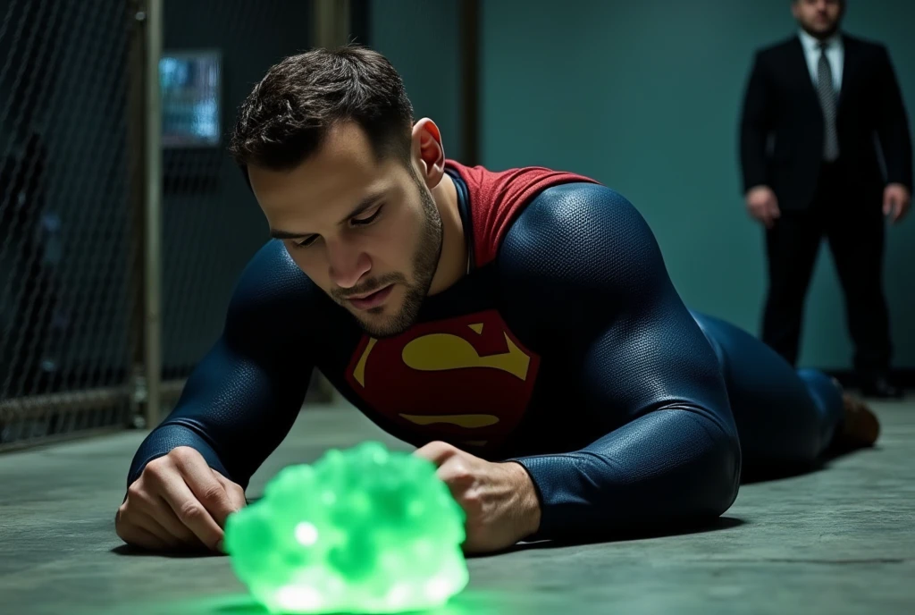 A handsome superhero is captured lying on the floor. He has short, slicked back hair. He has a well-defined jawline，small beard, he has a Sexy and pained expression, his eyes are closed, suggesting he is unconscious or incapacitated. Near him is a glowing green crystal, probably kryptonite, that emits a bright light.

The man is dressed as a superhero, specifically resembling Superman. The superhero costume is predominantly dark blue with a textured pattern, with a prominent red and yellow 'S' emblem on his chest. The suit is form-fitting, highlighting his muscular build.

The background features the blurred, dark mesh of a cage, with a focused light source highlighting the subject's physique, creating a dramatic and intense atmosphere.  A man in a dark suit can be partially seen observing the scene.