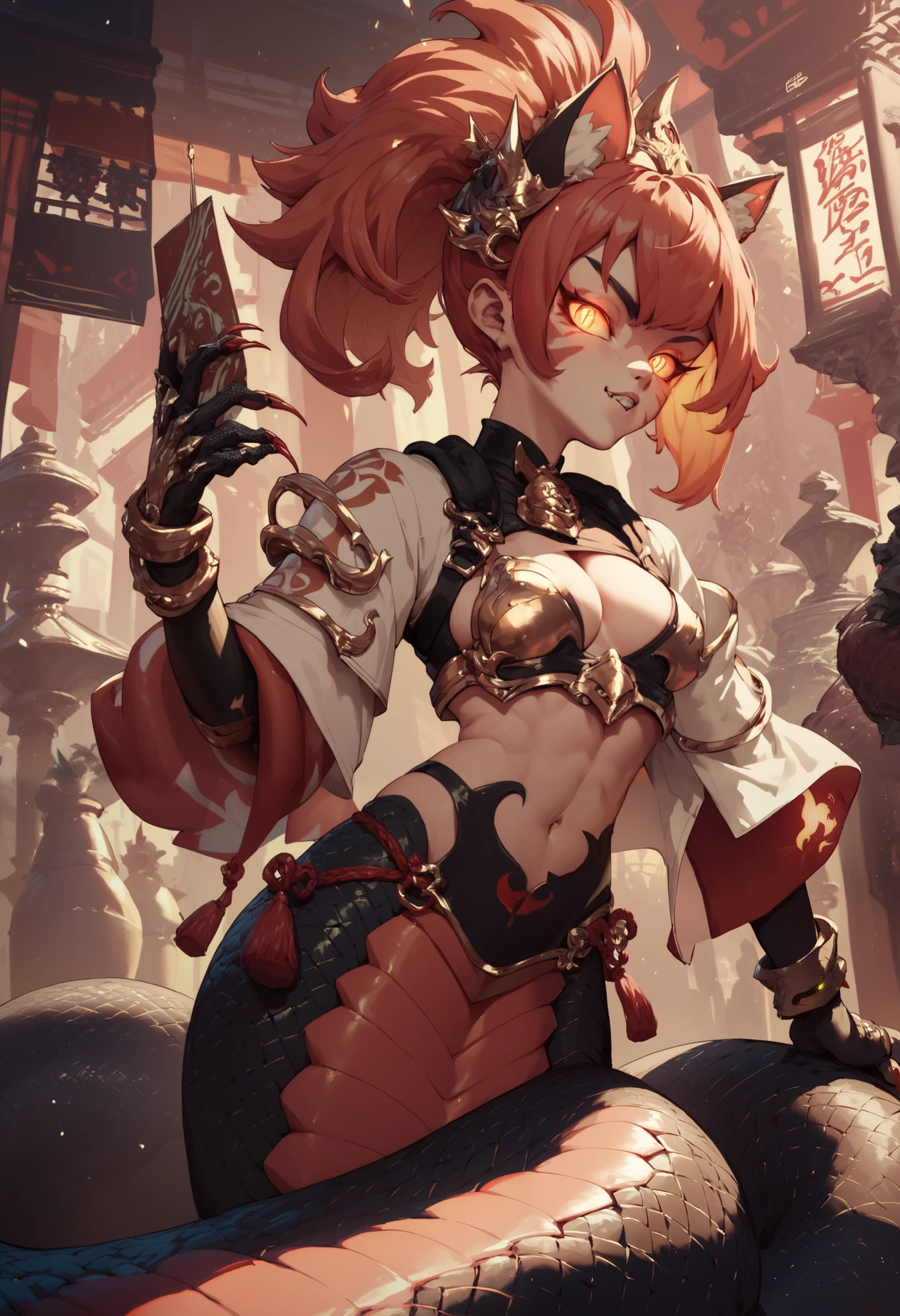 Lamia-style girl. Black snake body. Light armor. Spiky. Red glowing lines. Sharp claws. Glowing eyes. Cat pupils. Japanese-style architecture.