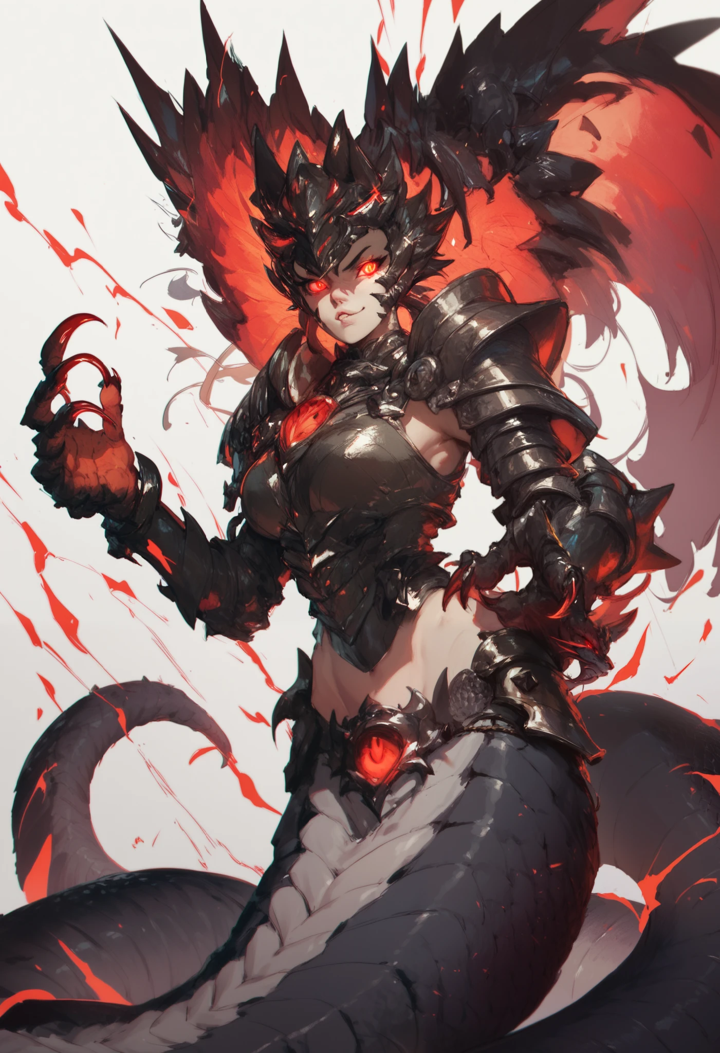 Lamia-style girl. Black snake body. Light armor. Spiky. Red glowing lines. Sharp claws. Glowing eyes. Cat pupils. Japanese-style architecture.