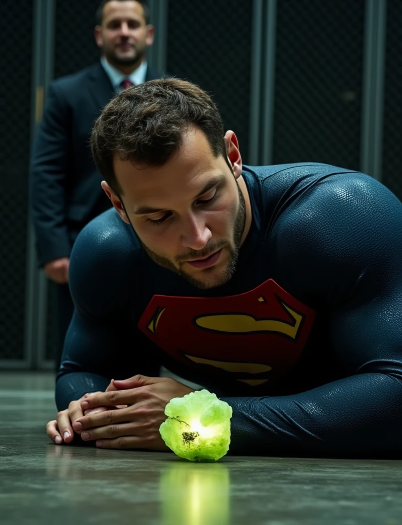 A handsome superhero is captured lying on the floor. He has short, slicked back hair. He has a well-defined jawline，small beard, he has a Sexy and pained expression, his eyes are closed, suggesting he is unconscious or incapacitated. Near him is a glowing green crystal, probably kryptonite, that emits a bright light.

The man is dressed as a superhero, specifically resembling Superman. The superhero costume is predominantly dark blue with a textured pattern, with a prominent red and yellow 'S' emblem on his chest. The suit is form-fitting, highlighting his muscular build.

The background features the blurred, dark mesh of a cage, with a focused light source highlighting the subject's physique, creating a dramatic and intense atmosphere.  A man in a dark suit can be partially seen observing the scene.