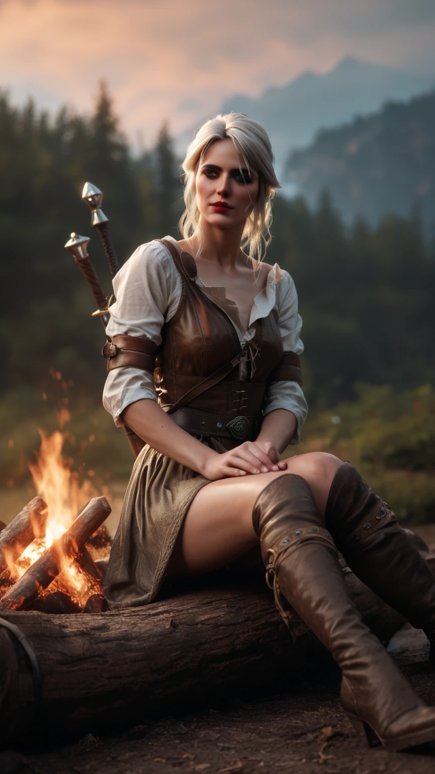 Ciri, white hair, (best quality, Ultra-detailed), (realistic:1.37), beautiful and detailed face, Ultra-realistic texture, Delicate face, Red lipstick, long-lasting colors. high definition, 8k.