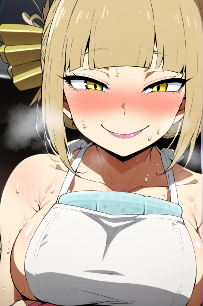 Himiko toga from the anime boku no hero  naked with big boobs wearing only a sexy apron holding a baby bottle and looking to the camera with a naughty face and heavy breathing and sweating from hot