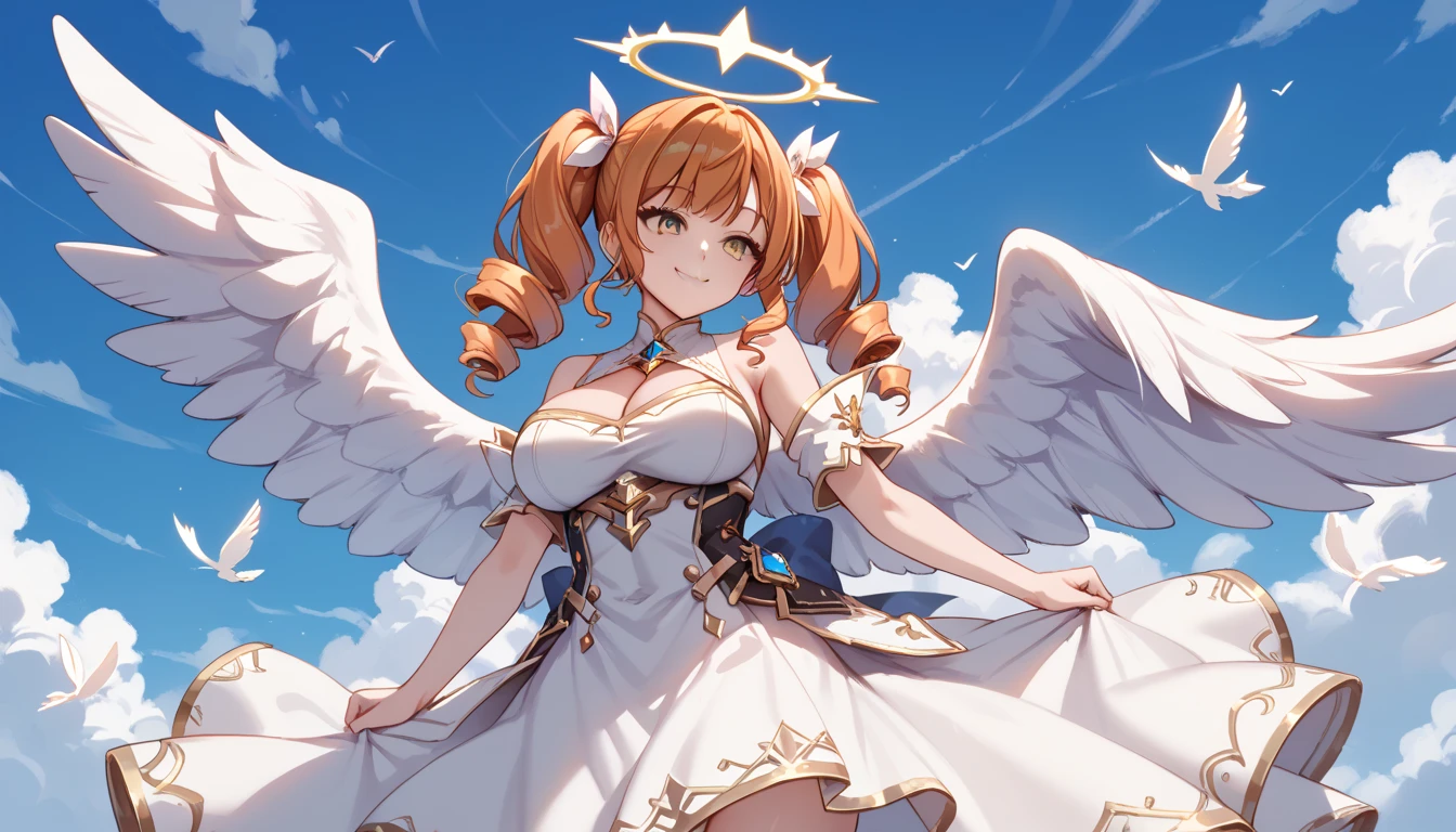 score_9_up, score_8_up, score_7_up, 1girl, solo, source_anime, mega twin drills, big hair BREAK 

Orange hair, yellow eyes, large breasts, hips BREAK 

White dress, angel, gold trim, feathered wings, white wings, gold trim, angel wings, halo BREAK 

Closed mouth, smile, standing, outdoors, background sky, cloudy sky, blue sky BREAK