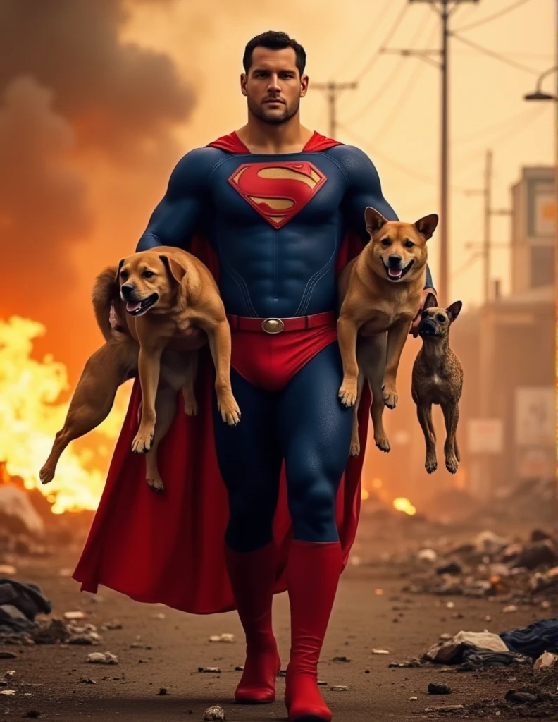 Superman saving animal lives from fires .a buff man in a superman costume (think movie version of Superman-black undercut, blue tights and red cape and red boots and red briefs)