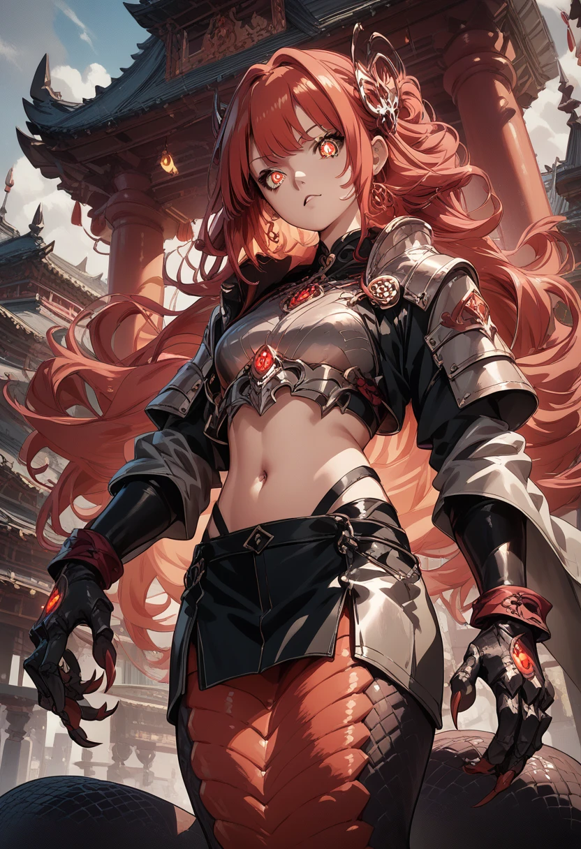 Lamia-style girl. Black snake body. Black straight hair. Straight bangs. Light armor. Spiky. Red glowing lines. Sharp claws. Cat pupils. Japanese-style architecture.