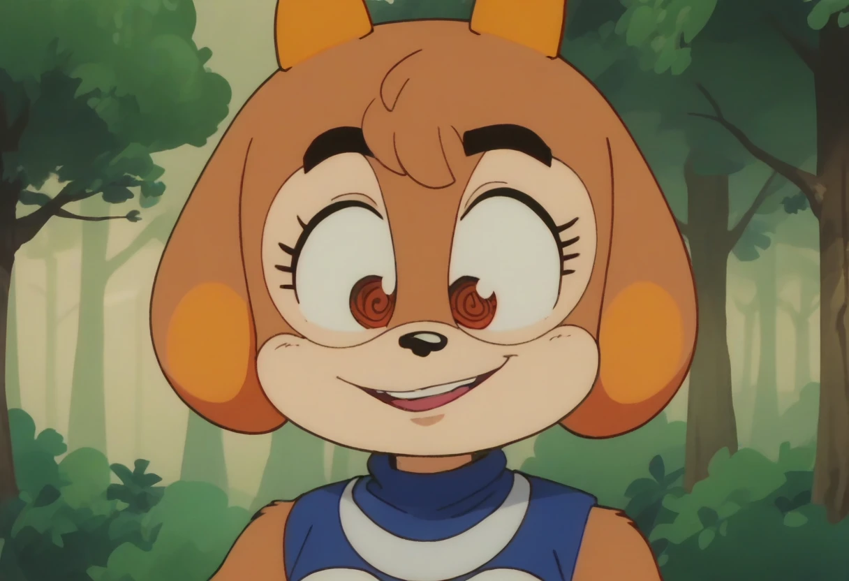 anime screencap,drgbls1, solo, anthro mobian ground squrriel, female, female,_9, score_8_up, score_7_up, score_6_up, forest, upper body, brown fur, Smiley, expressvie eyes, Mentaly insane,