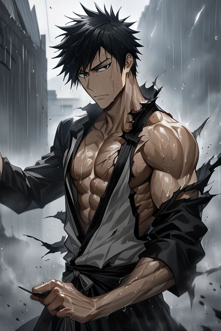 masterpiece, best quality, 1boy, grimmjow jaegerjaquez, at night, low light, black boots, natural light, fighting pose, blood in clothes, damaged clothes, damaged skin, cowboy shot, street, japanese street, angry eyes, smiling, looking ahead, male focus, strong muscles, movie composition, deth of field, bokeh  <lora:add_detail:0.5>  <lora:bleach_jaegerjaquez-10:0.8> <lora:bleach_style_offset:0.5>