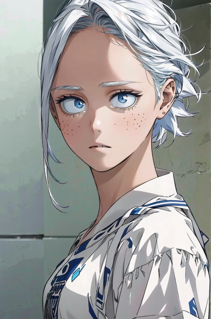 High-quality image of a young woman with fair skin, straight white hair that flows smoothly down her back, and piercing light blue eyes that exude an air of mystery. Her face is lightly sprinkled with freckles, contrasting subtly with her pale complexion. The girls wears a printed t-shirt. She has a somber and brooding expression, adding a touch of melancholy to her appearance. The overall aesthetic is detailed and atmospheric, emphasizing her distinctive features. The image is safe for work and showcases her unique beauty in a polished and refined style.