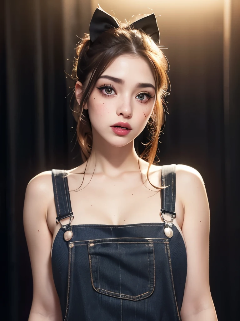 ((highest quality)),(ultra high resolution),(Super detailed),(detailed description),((best CG)),(best work of art),super precision art,amazing drawing art,(Art with precise details:1.5), (adult women:1.5),(beautiful and well-shaped face:1.5),denim overalls:1.6
