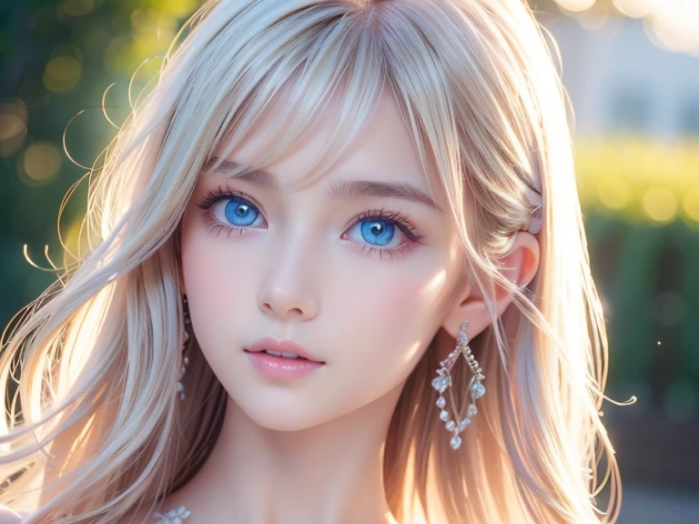 Highest quality、8K masterpiece、Ultra-high resolution、(Realistic:1.3)、RAW Photos、 A beautiful girl with mysteriously shining blonde hair of Nordic descent、Silvery blonde hair、Super long straight hair、Bangs between the eyes、Bangs that fall over the eyes、Bangs over one eye、Bangs between the eyes、Incredibly white, glowing skin、1. Cyberpunk Super Beautiful Soldier、((Ultra-Realistic Details))、Portraiture、Global Illumination、Shadow Realm、Octane Rendering、8k、Ultra Sharp、metals、Cool colors、、Very intricate details、Realistic Light、Trends of the CG Association、Very beautiful big bright blue eyes、Very big eyes、Eyes shining at the camera、Neon Details、Small Face Beauty、Round face、Highlights of cheek luster、eyeliner、Double eyelids