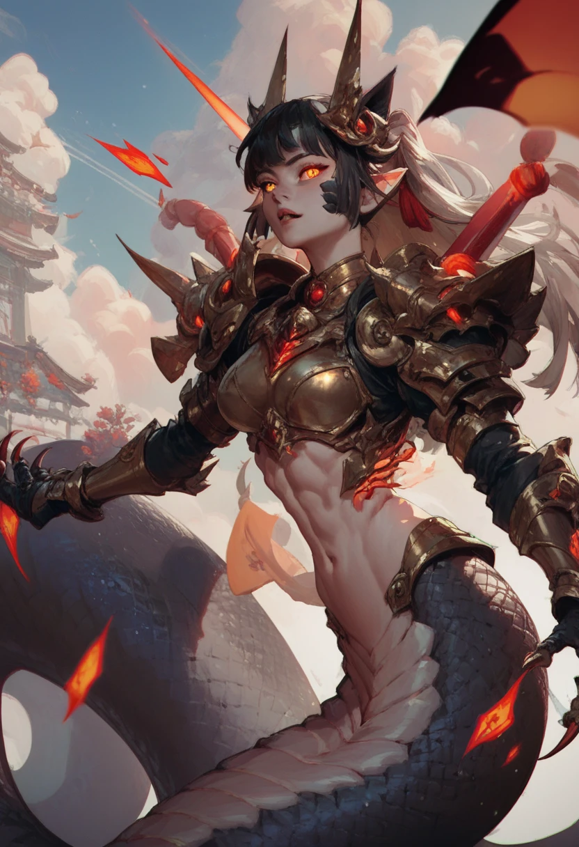 Lamia-style girl. Black snake body. Black straight hair. Straight bangs. Light armor. Spiky. Red glowing lines. Sharp claws. Cat pupils. Japanese-style architecture.