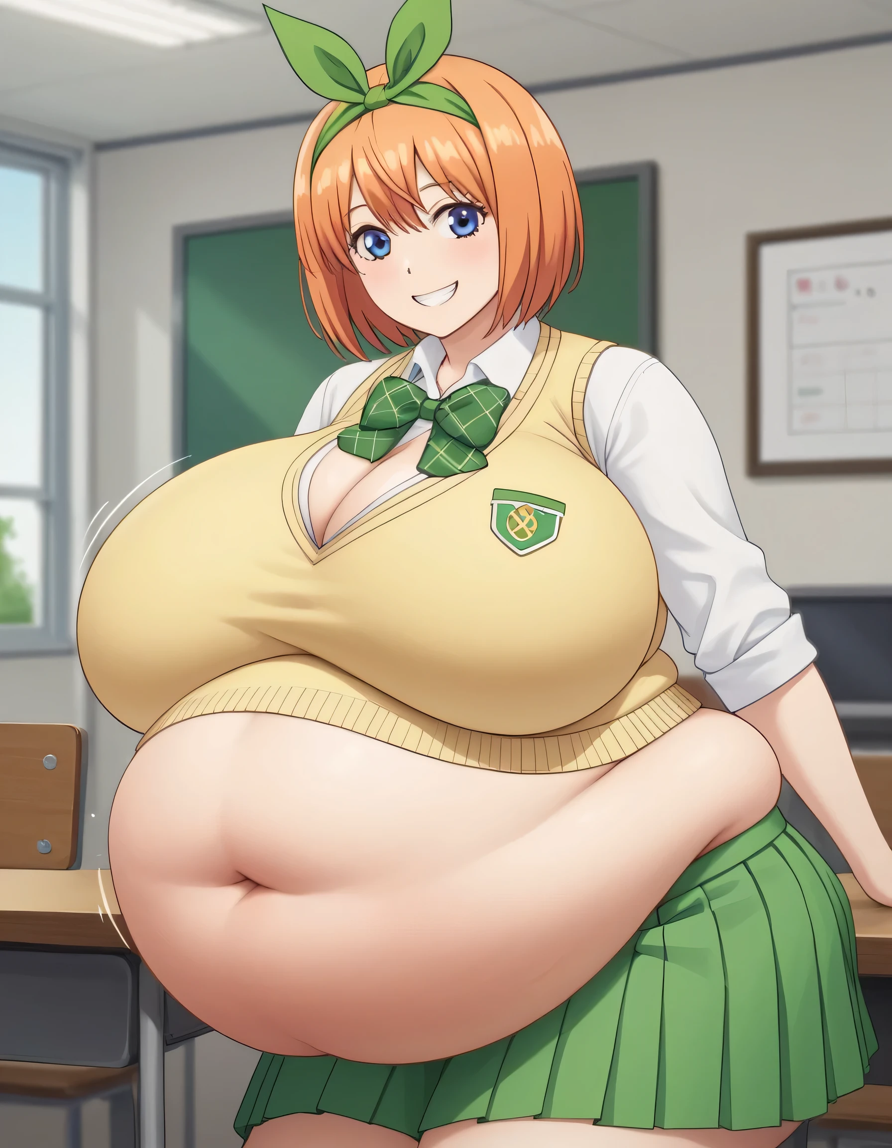 masterpiece,best quality,best details,nsfw,anime,1 girl,alone,short hair,blue eyes,hair ribbon,headband,orange hair,green ribbon,mature woman,skirt,shirt,bow,ribbon,school uniform,white shirt,short sleeve,pleated skirt,collared shirt,mini skirt,bowtie,green skirt,green bow,sweater vest,green ribbon,yellow sweater vest,fat,gigantic brests,full brests,fatty breasts,breasts expansion,breasts so big that they can't fit in clothes,cleavage,gigantic belly fetish,gigantic belly,belly expansion,bloated belly,belly inflation,belly stuffing,overgrown belly,gigantic belly is about to burst,bursting belly,tight belly,belly is heavy,weight gain,increases in fat a lot,gain a lot of fat,full of fat,overflowing with fat,a huge protruding belly,distended abdomen,distended belly,fat butt,fattening torture,smile,watching viewers,cowboy shot,sit on a chair,Nakano Yotsuba,