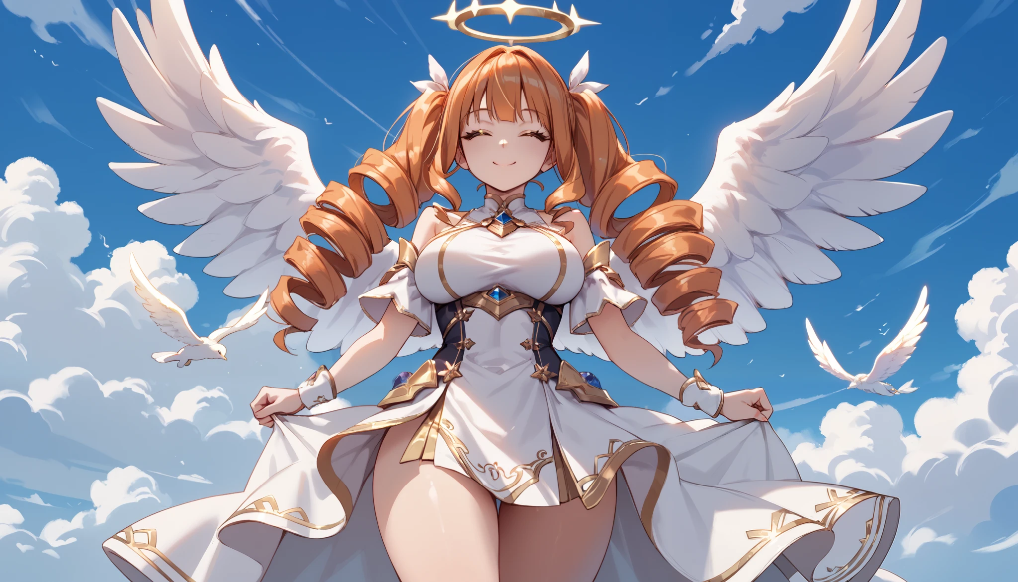 score_9_up, score_8_up, score_7_up, 1girl, solo, source_anime, mega twin drills, big hair BREAK 

Orange hair, yellow eyes, large breasts, hips BREAK 

White dress, angel, gold trim, feathered wings, white wings, gold trim, angel wings, halo BREAK 

Closed mouth, smile, standing, outdoors, background sky, cloudy sky, blue sky BREAK