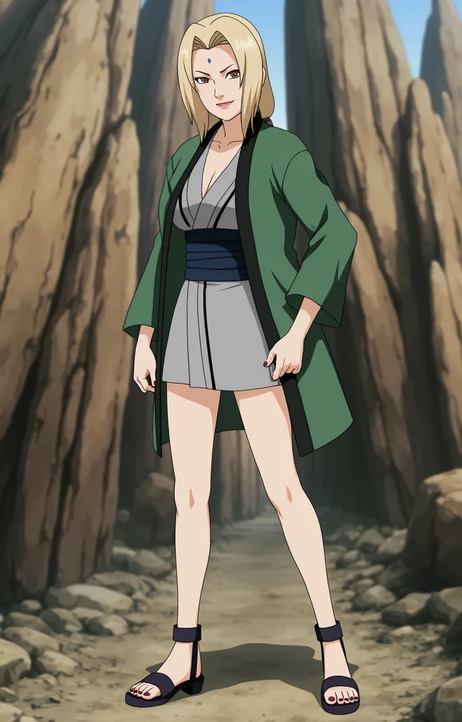 A blonde Strong and shiny body woman. she is wearing green jacket. The rocks behind the women have large slats of brown stone carved into them,shiny toes nail,she is wearing black sandals,Tsunade,Tsunade's green Jacket \(outfit\),  upper body lift with an emphasis on facial expression、 detailed face 