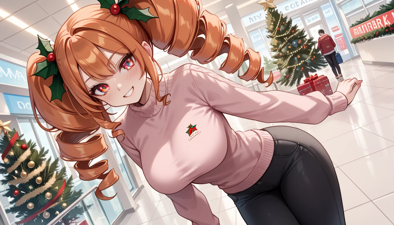 score_9_up, score_8_up, score_7_up, 1girl, solo, source_anime, mega twin drills, big hair BREAK 

Orange hair, yellow eyes, large breasts, hips BREAK 

Pink sweater, long sleeves, black pants BREAK 

Indoors, mall, christmas, christmas tree, standing, looking at viewer, light smile, blush, between legs BREAK