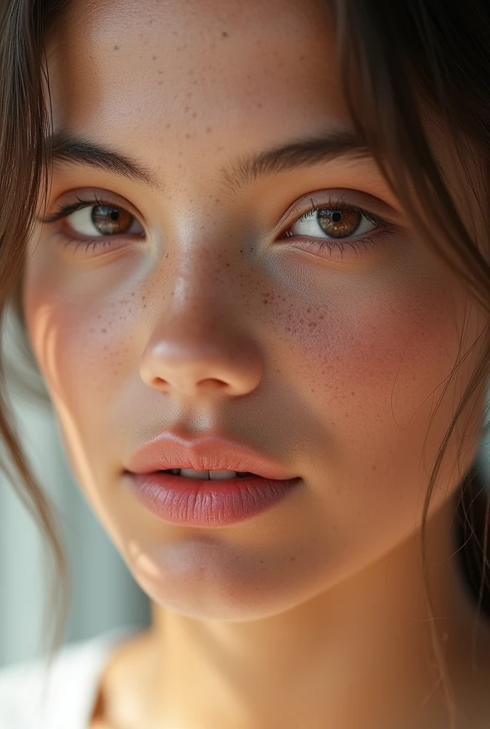 natural skin texture, fine pores, realistic skin, intricate skin details,  skin dentation, detailed eyes,detailed hair, 
 photorealistic eye, Photorealistic close-up of a young woman, parted lips, clean-shaven, and bright natural lighting.