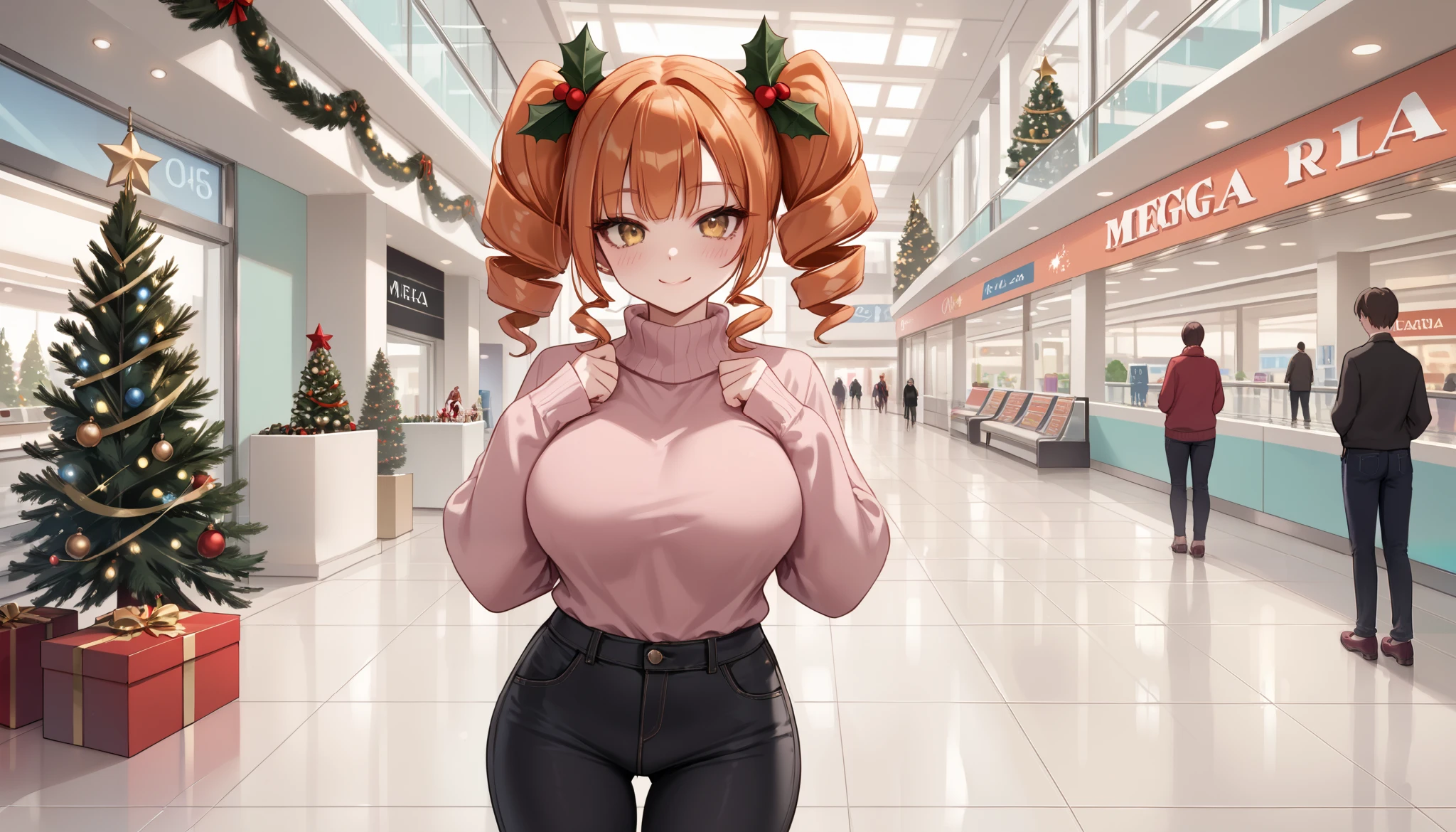 score_9_up, score_8_up, score_7_up, 1girl, solo, source_anime, mega twin drills, big hair BREAK 

Orange hair, yellow eyes, large breasts, hips BREAK 

Pink sweater, long sleeves, black pants BREAK 

Indoors, mall, christmas, christmas tree, standing, looking at viewer, light smile, blush, between legs BREAK